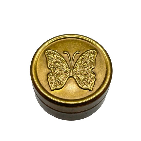 Butterfly Embossed Brass Box Small Cylindric Lidded Trinket Box Red Velvet - Picture 1 of 9